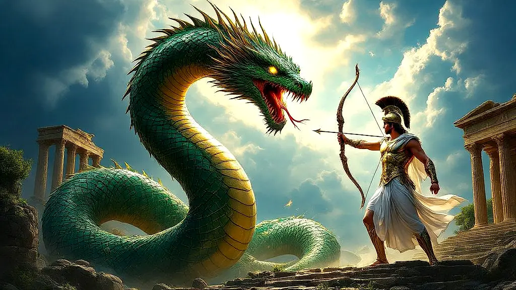 Apollo battles Python at Delphi in Greek mythology.