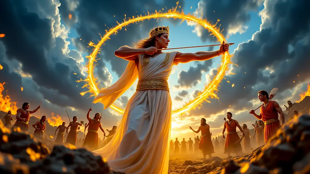 Apollo firing golden plague arrows at Greek camp.