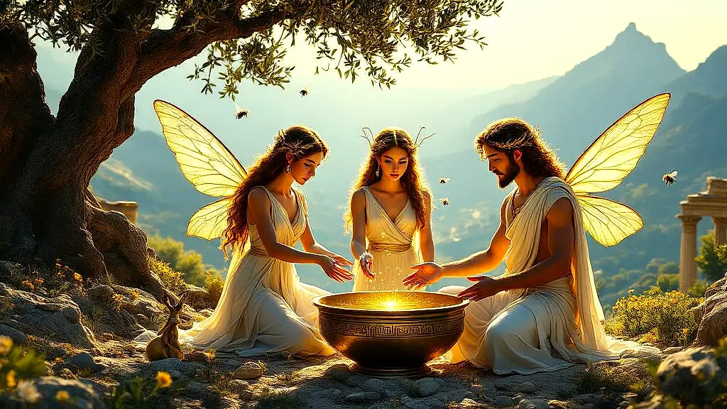 Apollo learning prophecy from the Thriae bee nymphs.