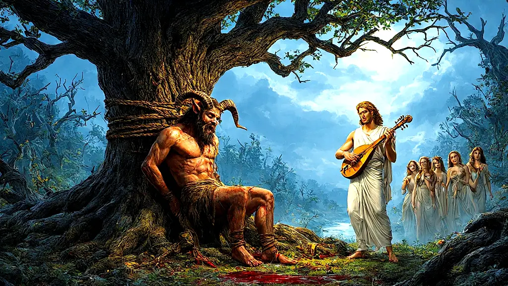 Apollo skins Marsyas alive in a mythical forest.