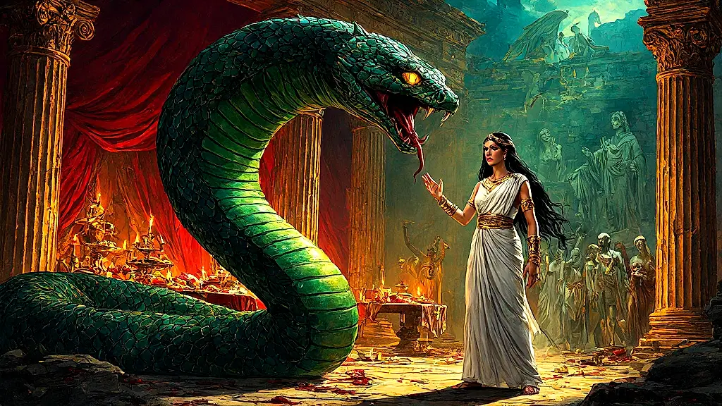 Apollonius confronts the serpentine Lamia in Corinth.