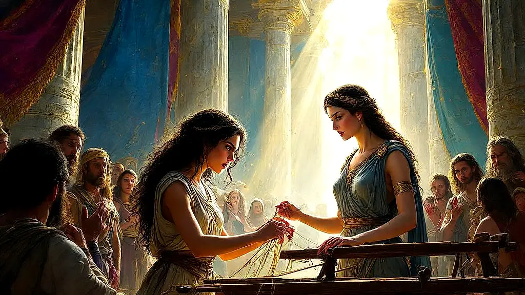 Arachne arrogantly challenges Athena in weaving.
