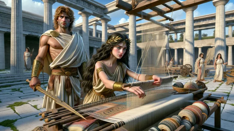 Arachne Weaving As Athena Watches In An Ancient Greek Courtyard