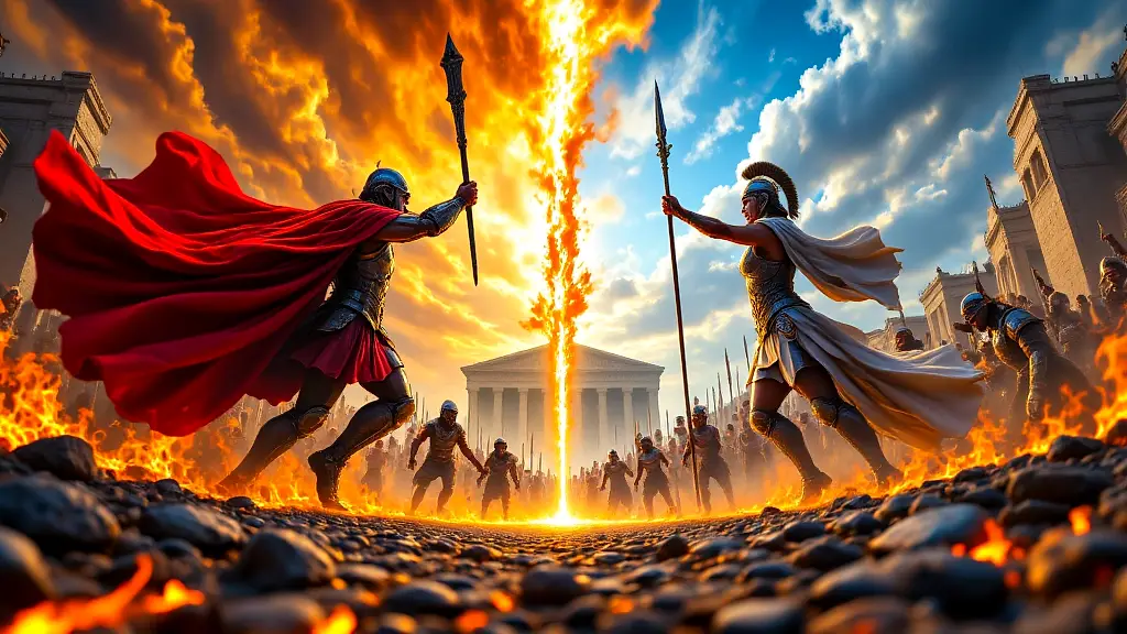 Ares and Athena clash, embodying strength versus strategy in Greek myth.