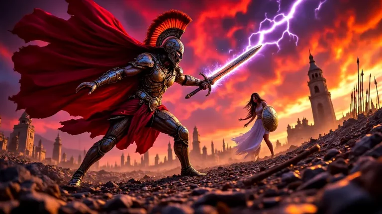 Ares and Athena clashing in a mythical battle.
