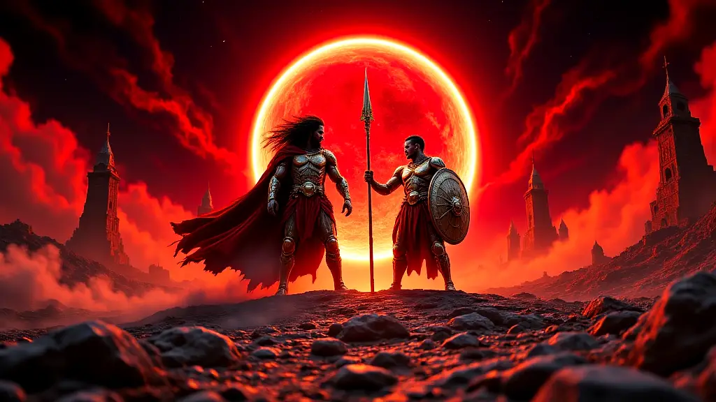 Ares and Mars, war gods, under a blood-red sky.