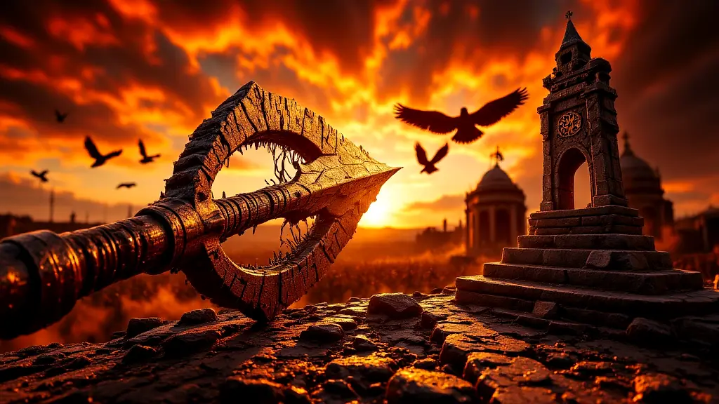 Ares' cursed spear thrusts forward as vultures circle a battlefield.