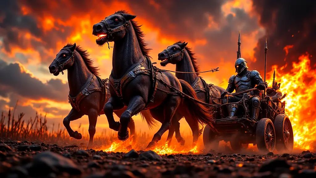 Ares' fiery war horses trampling battlefield in chaos.