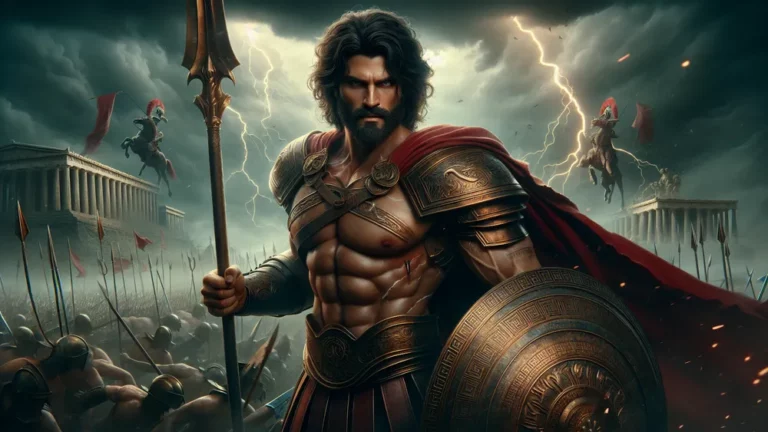 Ares Greek God Of War In Ancient Greek Armor On A Battlefield