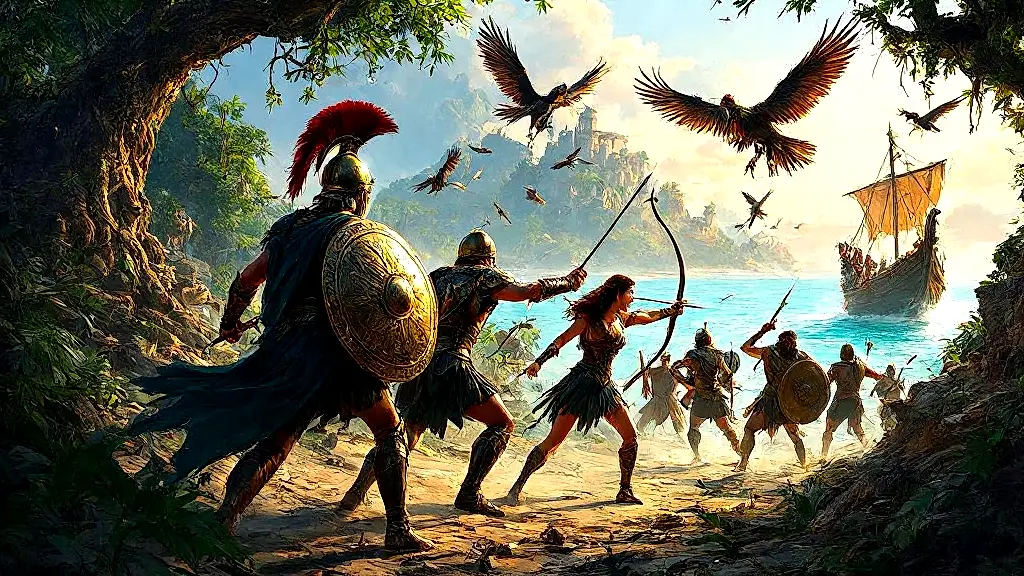 Argonauts retreat from Ares' birds, shields raised, feathers flying.