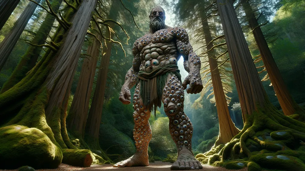 Argus The Hundred Eyed Giant Standing Vigilantly In An Ancient Forest
