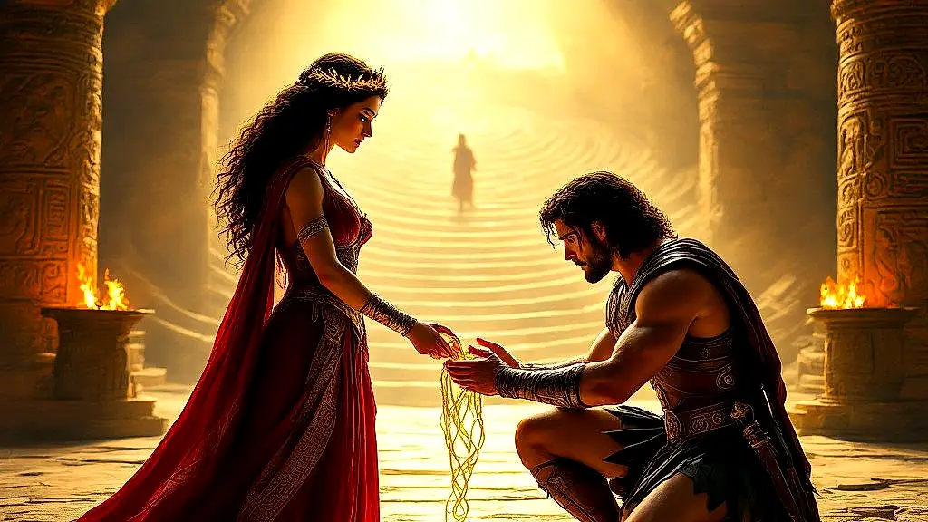 Ariadne gives Theseus a sword and thread before the labyrinth.