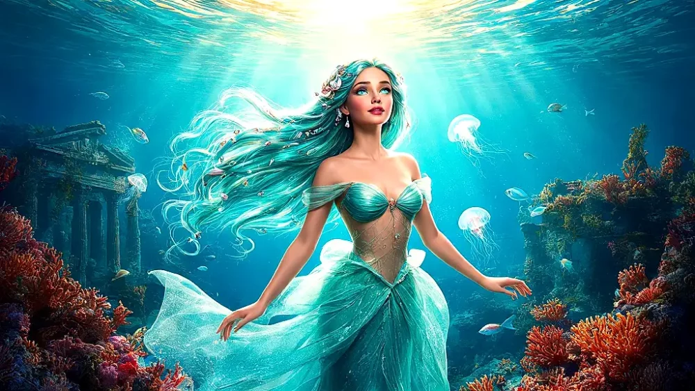 Ariel, the Greek sea nymph, emerges from glowing turquoise waters.