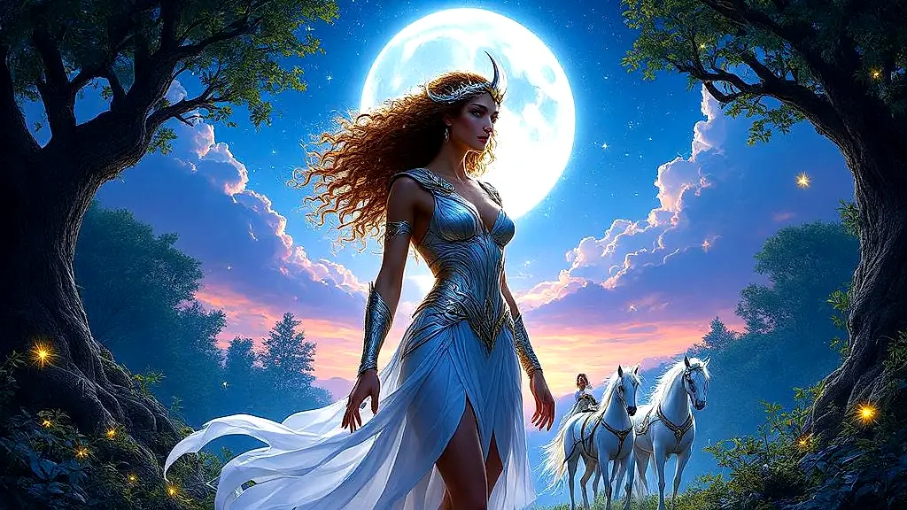 Artemis and Selene merging into one moon goddess.