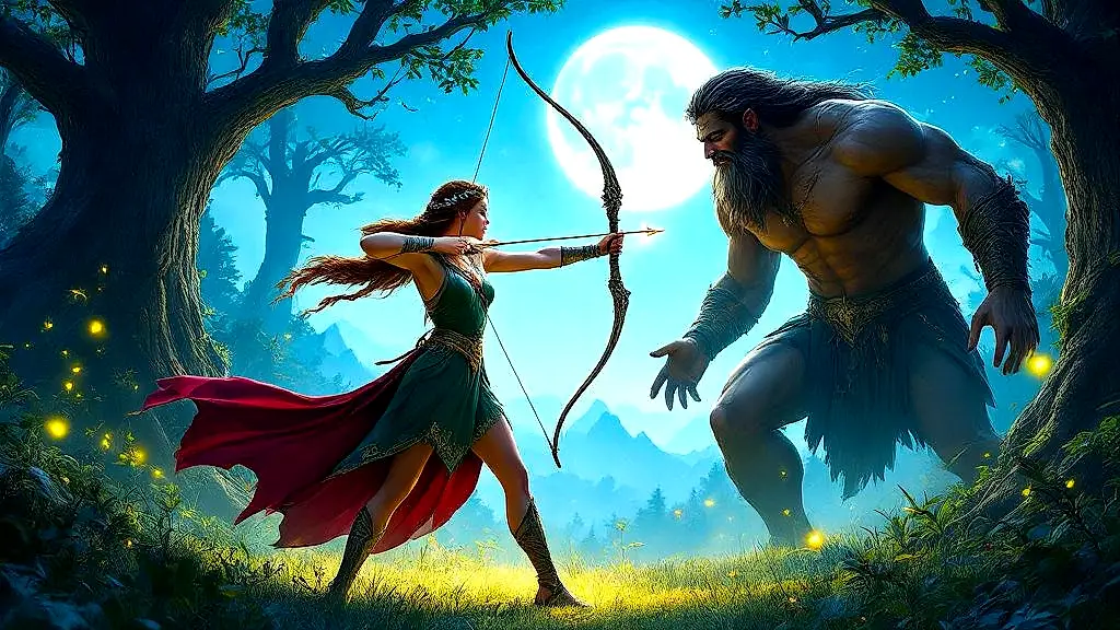 Artemis defends her vow against giant Otus in moonlit forest.