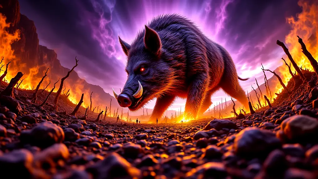Artemis' giant boar ravages Calydon's vineyards in divine wrath.