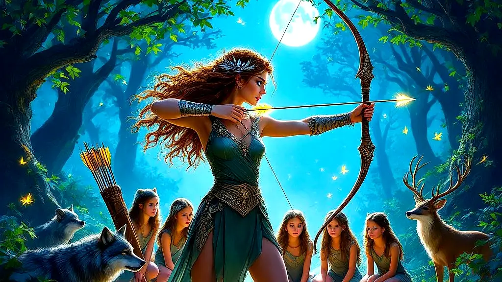 Artemis, goddess of the hunt, guiding initiates under moonlight.