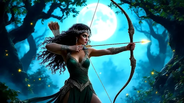 Artemis, goddess of the hunt, poised with bow in moonlit forest.