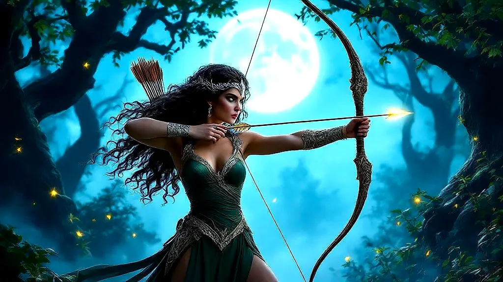 Artemis, goddess of the hunt, poised with bow in moonlit forest.