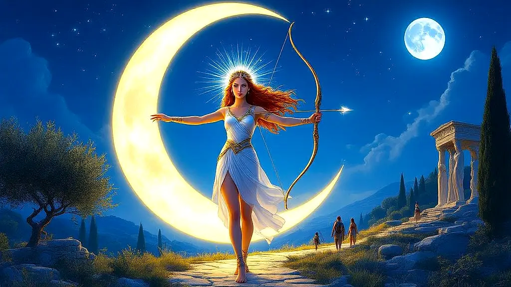 Artemis guiding travelers with moonlight in ancient Greece.