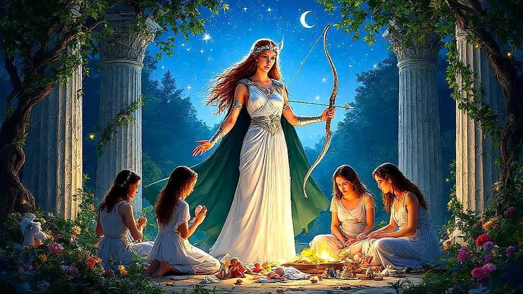 Artemis protects women in a moonlit temple grove.
