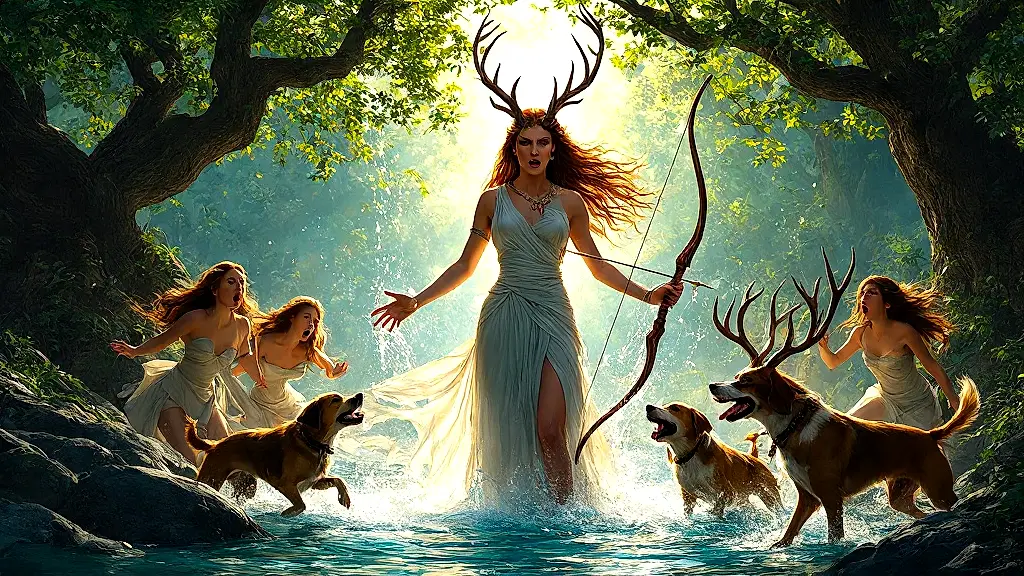 Artemis transforms Actaeon into a stag as hounds attack.