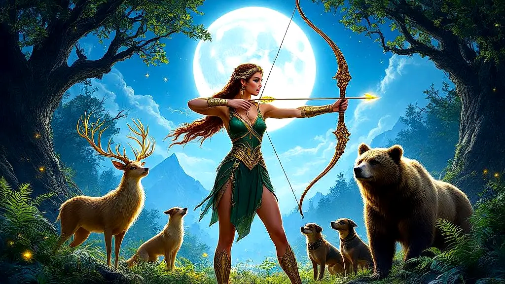 Artemis with bow, deer, and bear in moonlit forest.