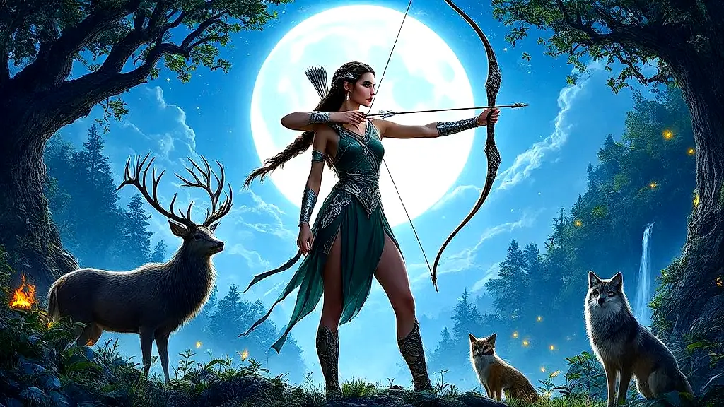 Artemis with bow, moon, and wild animals in forest.