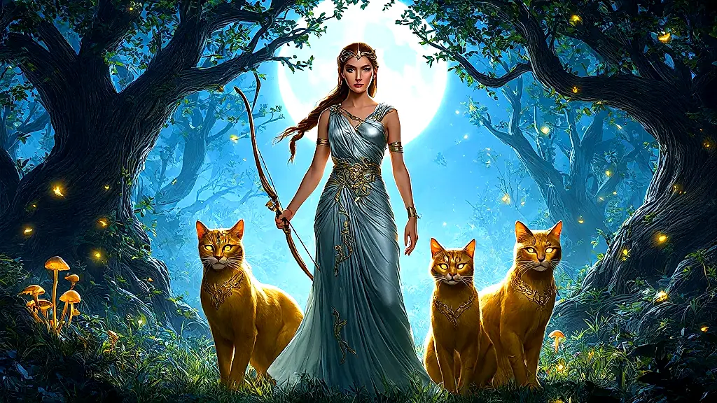 Artemis with golden divine cats in moonlit forest.