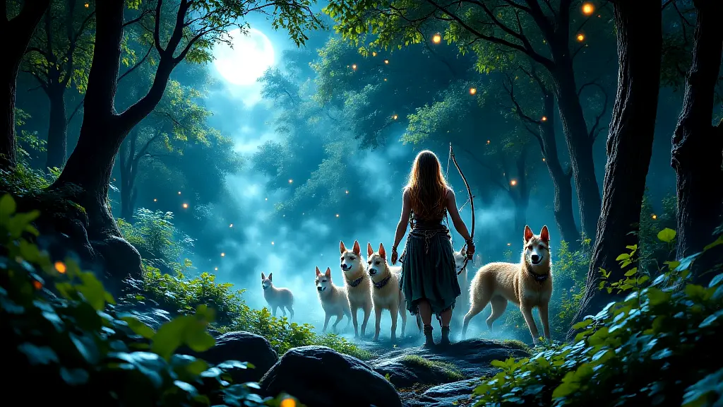 Artemis with her golden-eared hounds hunting in moonlit forest.