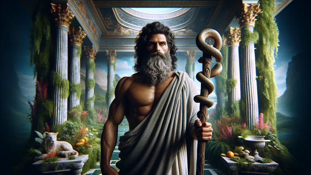 Asclepius Greek God Of Medicine Holding Rod Of Asclepius In Ancient Temple