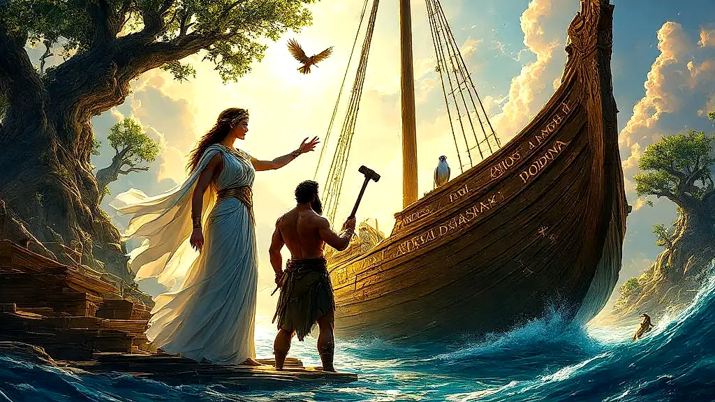 Athena and Argus building the prophetic Argo with divine aid.