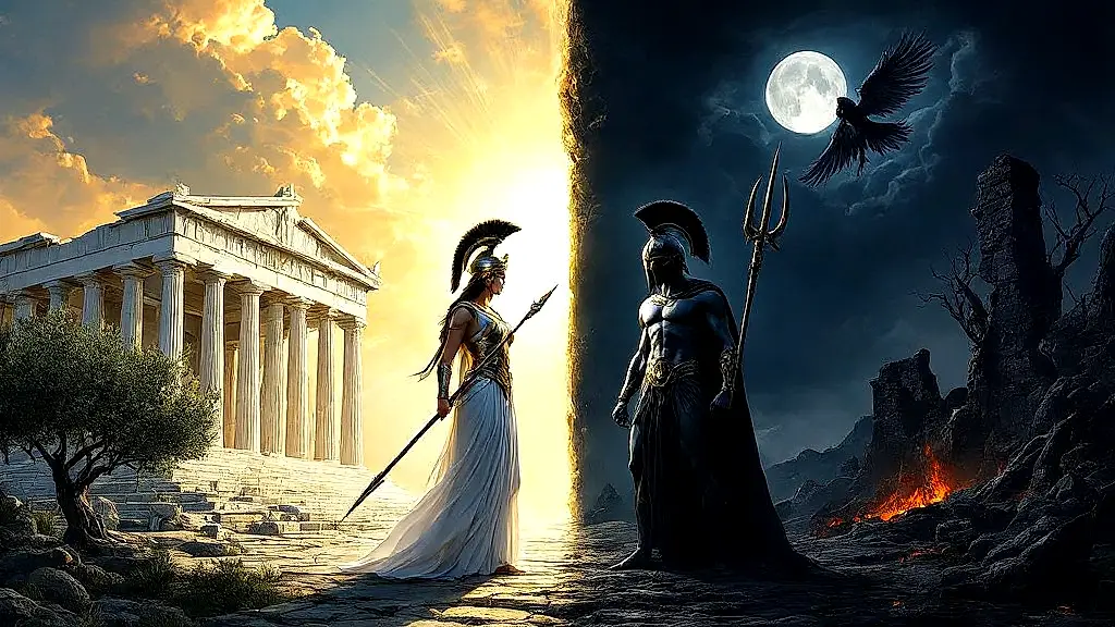 Athena and Hades embody light and darkness in Greek myth.