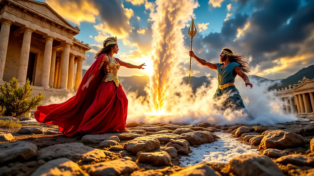 Athena and Poseidon compete for Athens' patronage on the Acropolis.