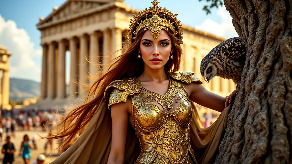 Athena, armored and wise, stands by olive tree with owl.