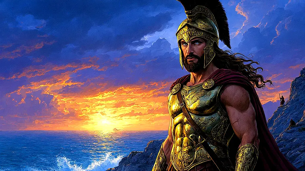 Athena guiding Odysseus under stormy skies.