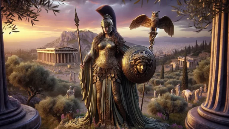 Athena In Bronze Armor With Spear Shield And Ancient Athens Backdrop