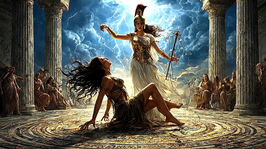 Athena punishing Arachne for hubris, Greek mythology scene.