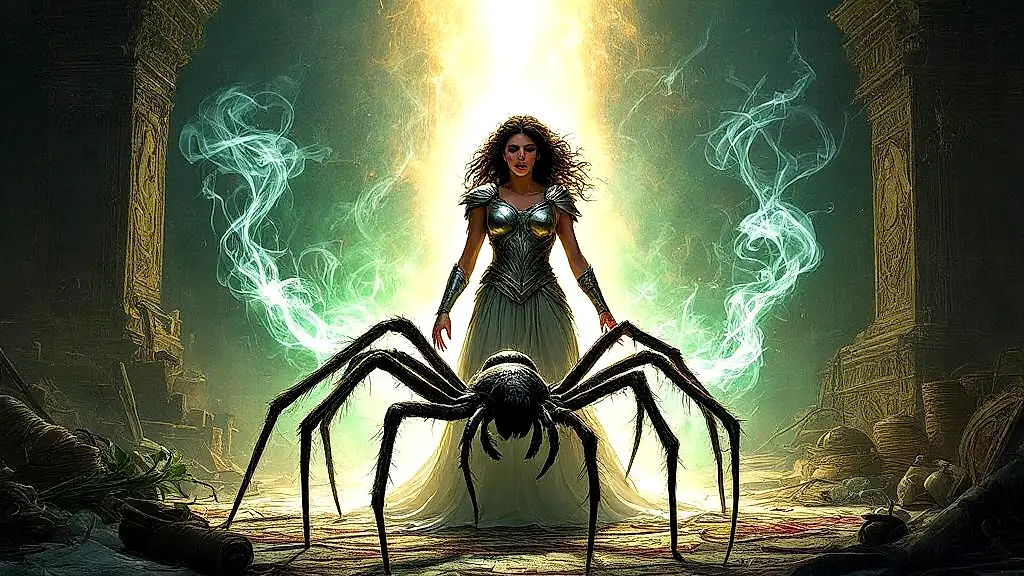 Athena transforms Arachne into the first spider.