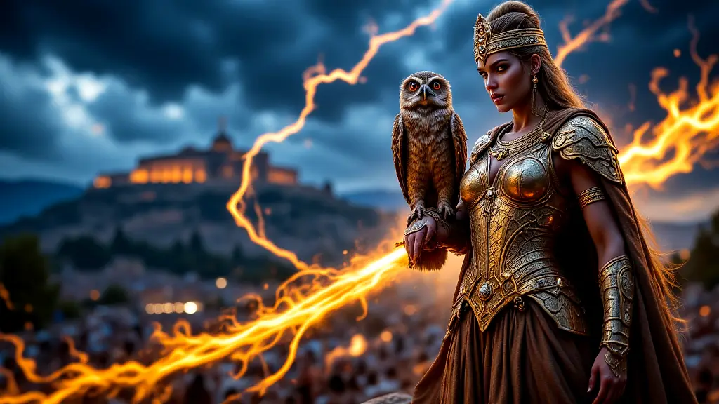 Athena with her sacred owl overlooking Athens at twilight.