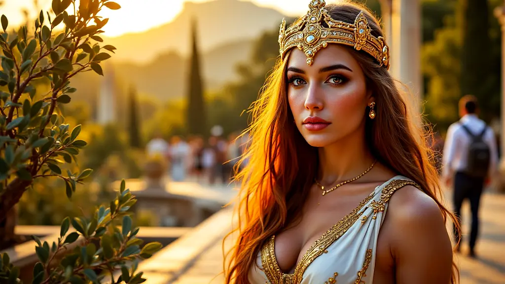 Athena with olive tree and inventions, vibrant mythology scene.