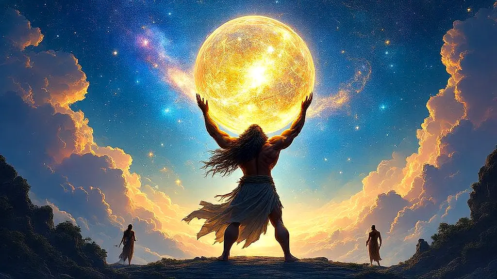 Atlas holding celestial sphere amid constellations and ancient maps.