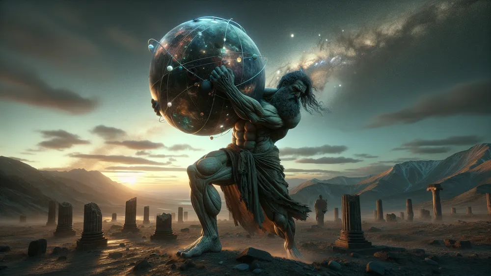 Atlas Holding The Celestial Sphere On A Rugged Mountain Landscape At Dusk