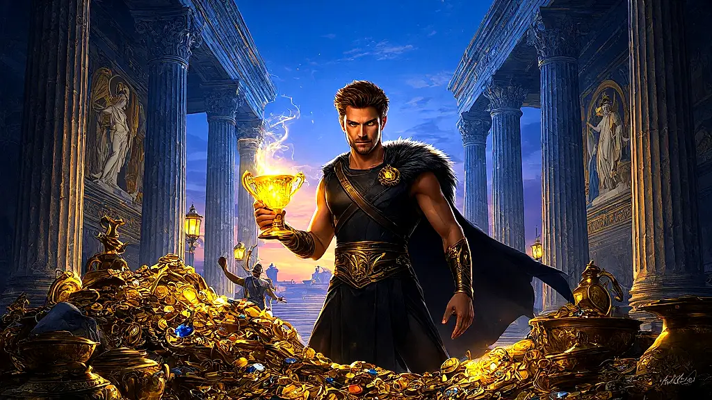 Autolycus stealing treasures in a Greek palace, divine glow.