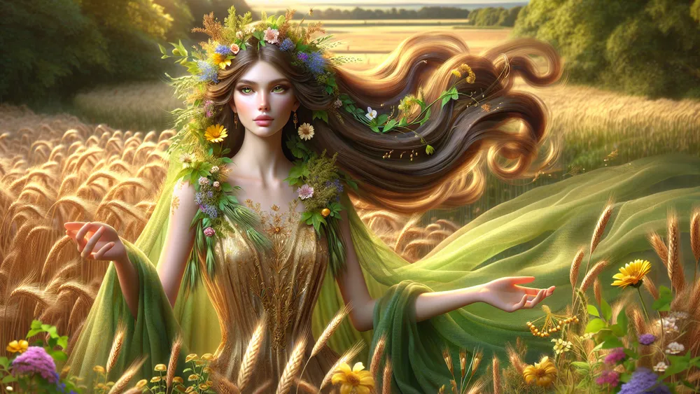 Auxo Greek Goddess Of Growth In A Lush Golden Summer Meadow