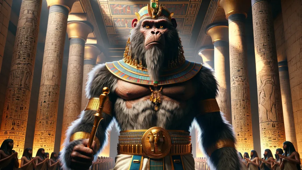 Babi, the Ancient Egyptian baboon god, in a grand temple.