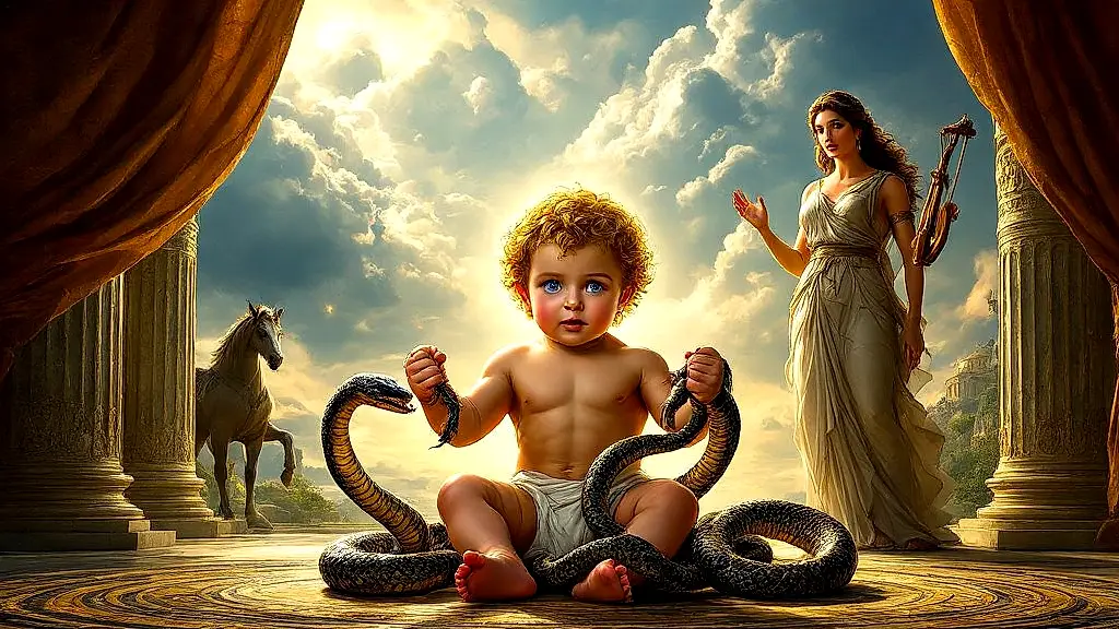 Baby Hercules strangling snakes, divine golden glow, Hera’s wrath.