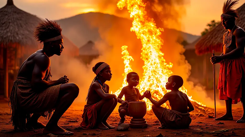 Bakongo family worships Nzambi at sunrise with offerings.