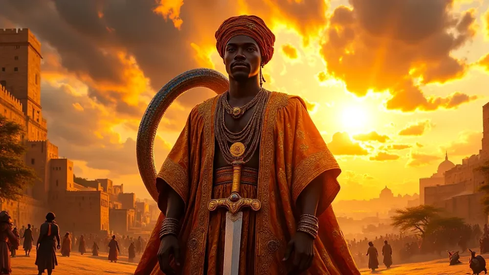 Bayajidda, Hausa legend, stands with sword and serpent.