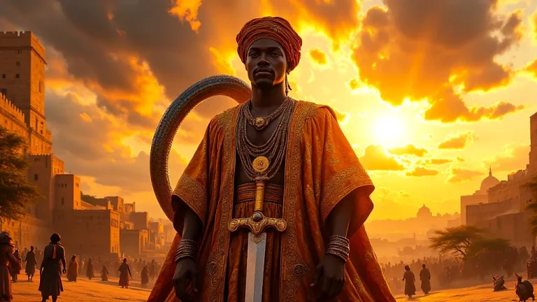 Bayajidda, Hausa legend, stands with sword and serpent.